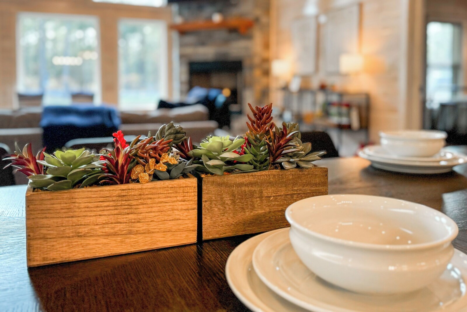 Dining table set with white bowls, plates, and a succulent planter