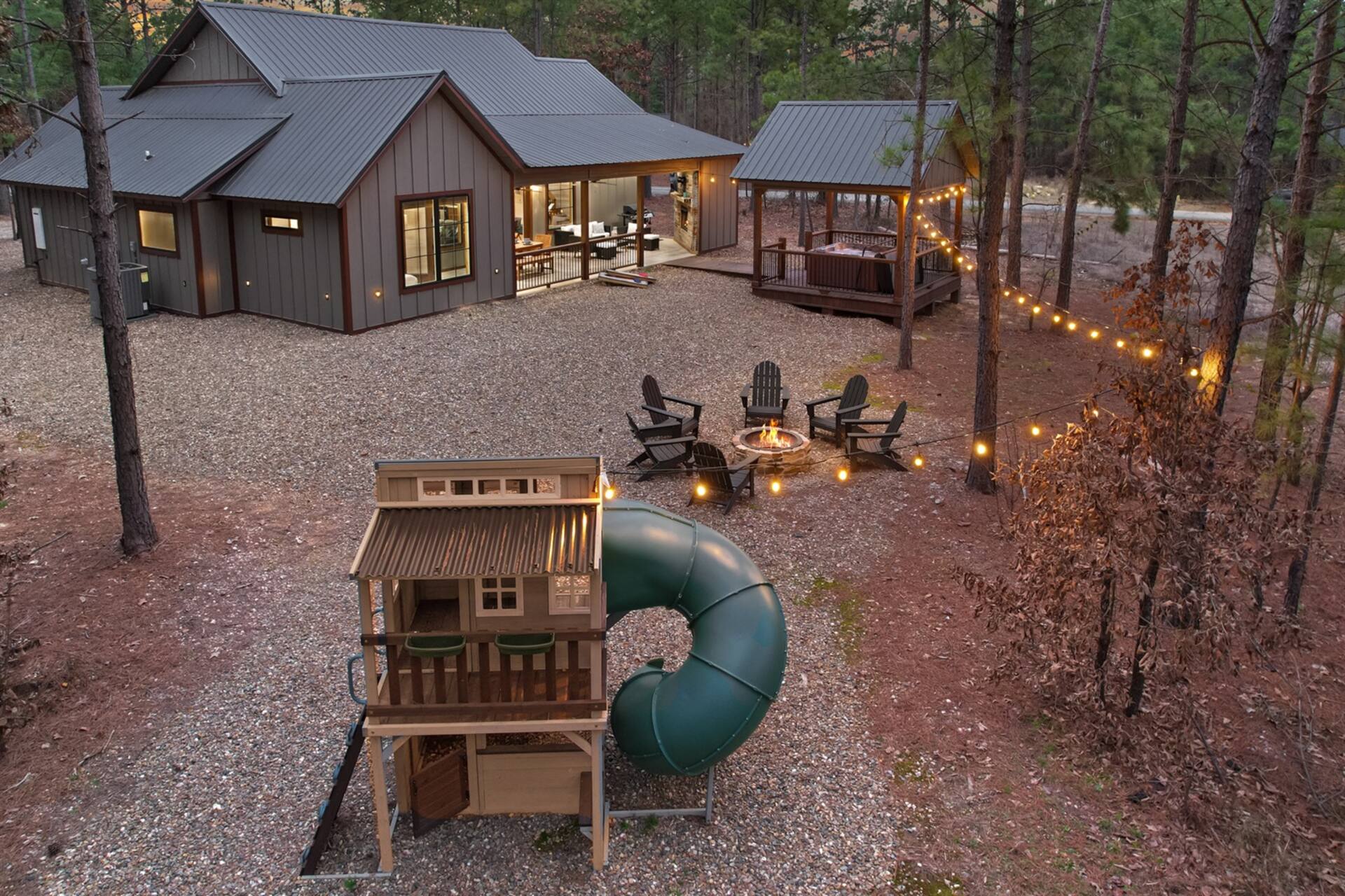 Moonstone Mountain cabin exterior surrounded by pines in Broken Bow