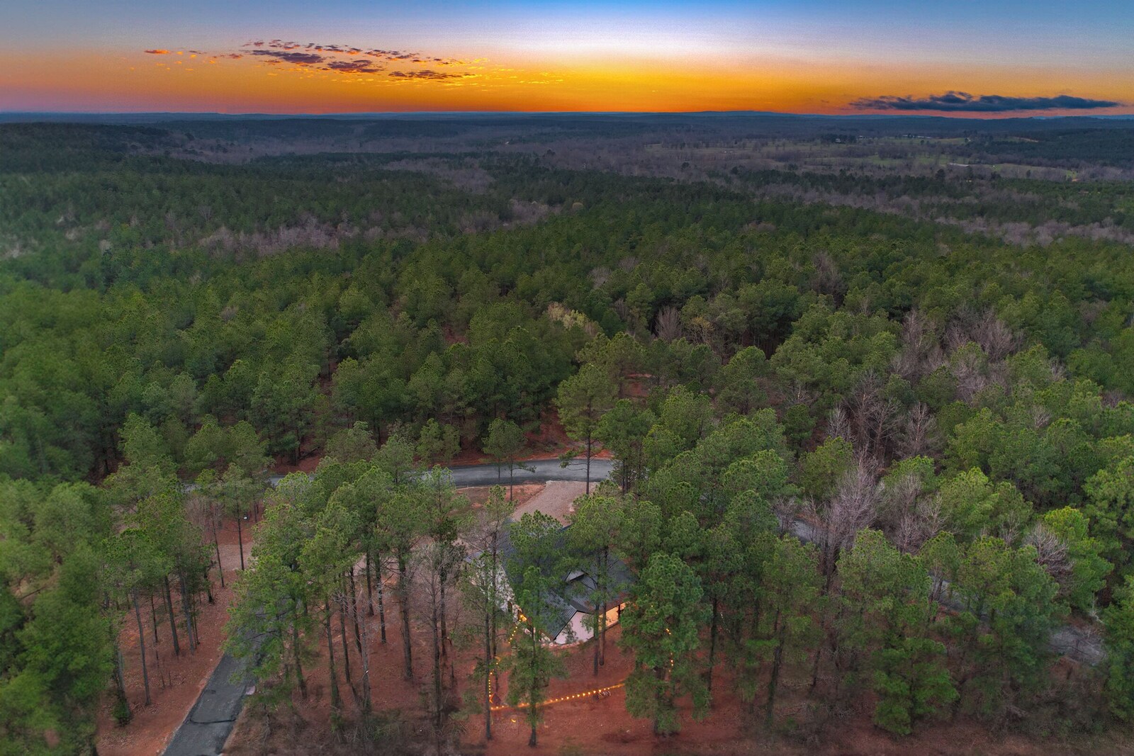 Aerial view of the cabin surrounded by forest