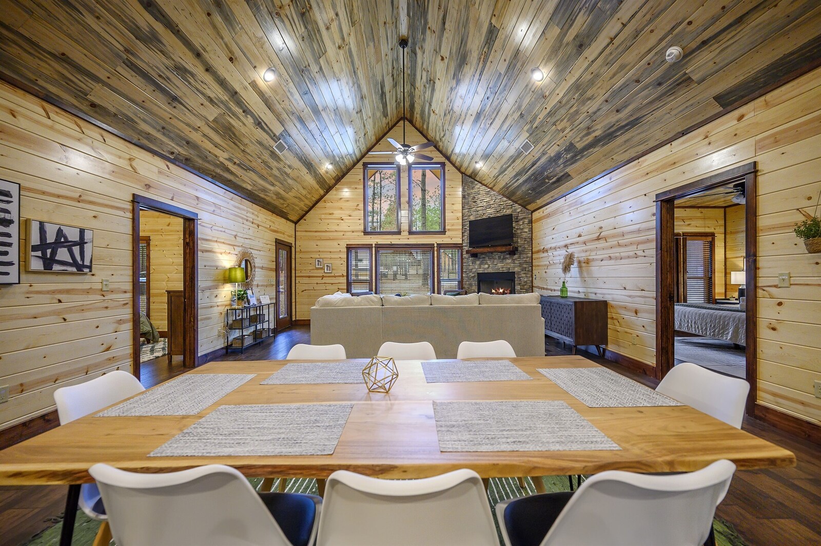 Emerald Escape dining table for eight under soaring ceilings
